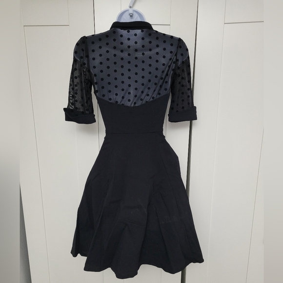 NWOT Collectif Wednesday Black Flocked Polka Dot Collared Swing Dress - Picture 16 of 16